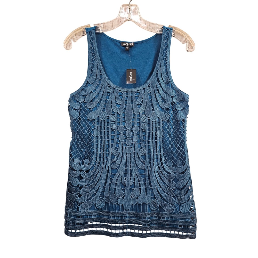 Express Tank Top Womens Small Teal Blue Solid Lace Crochet Overlay Knit Stretch